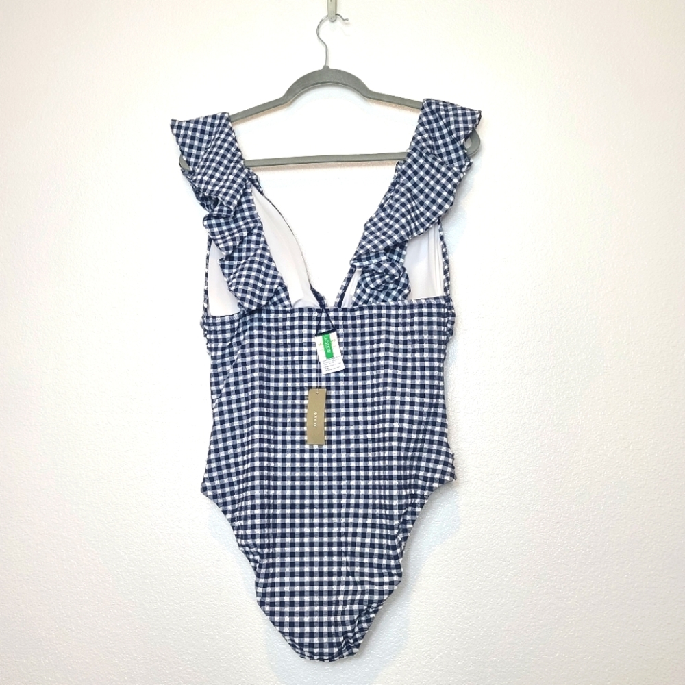 NWT J.Crew Ruched Ruffle One-piece Swimsuit In Classic Gingham in Blue Size 14 - Picture 13 of 13